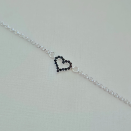 Pulseira Coração com Pedras Elo Português Ônix - Prata 925