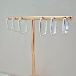 Brinco Trio de Argolinhas Lisas Retangulares - Prata