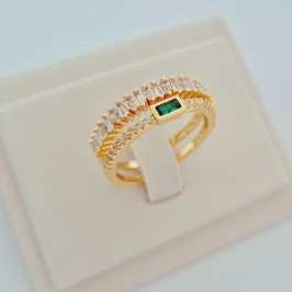 Anel Regulável Trapézios Zircônia Cristal e Esmeralda