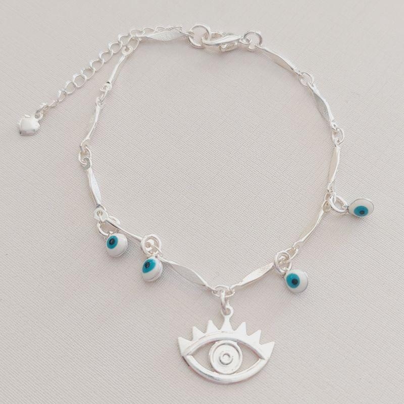 Pulseira Olho Grego Placa e Pingentes