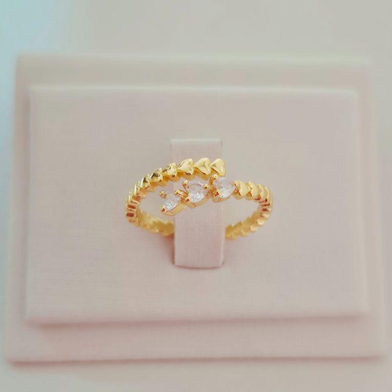 Anel Regulável Corações Cravejados e Lisos