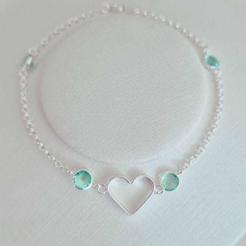 Pulseira Coração e 4 Zircônias Verde Água - Prata 925