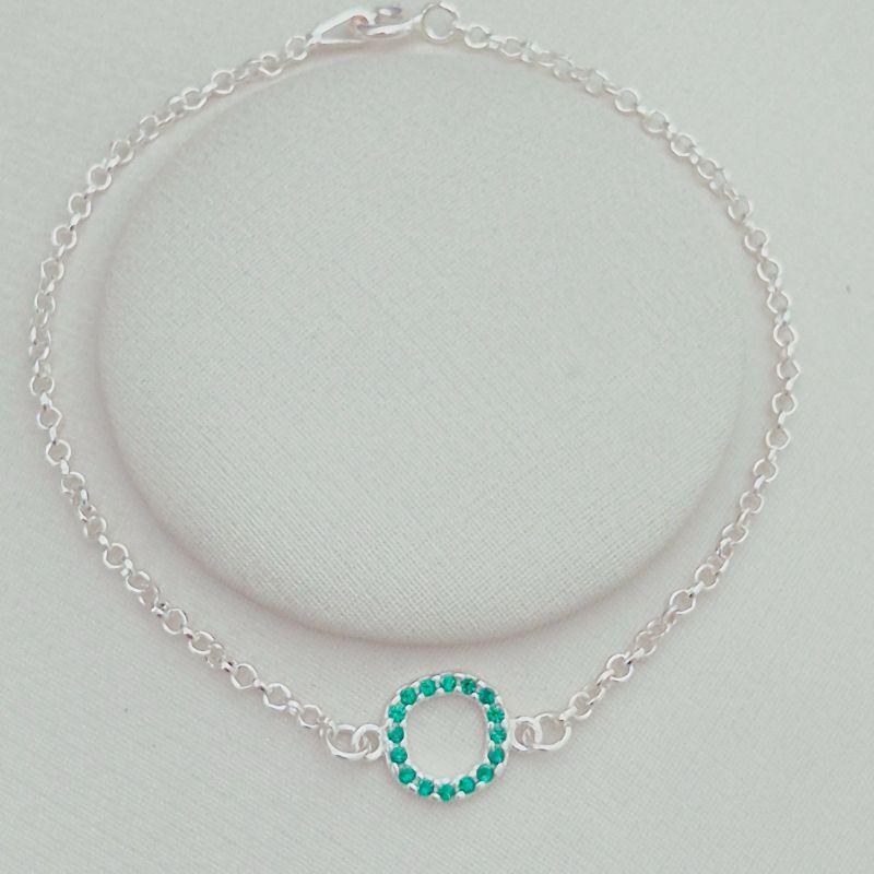 Pulseira Redonda Cravejada Elo Português Esmeralda - Prata 925