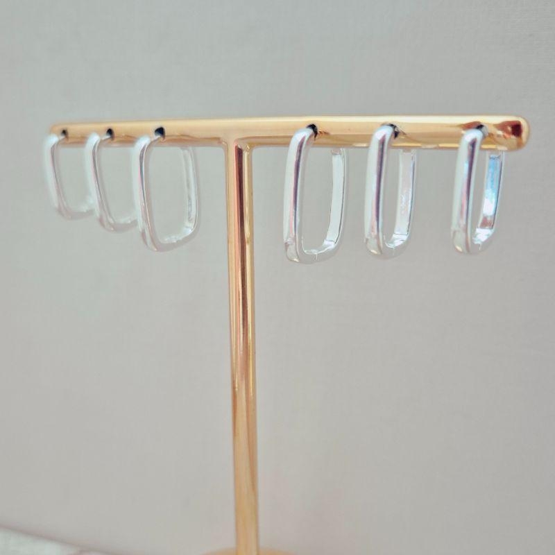 Brinco Trio de Argolinhas Lisas Retangulares - Prata