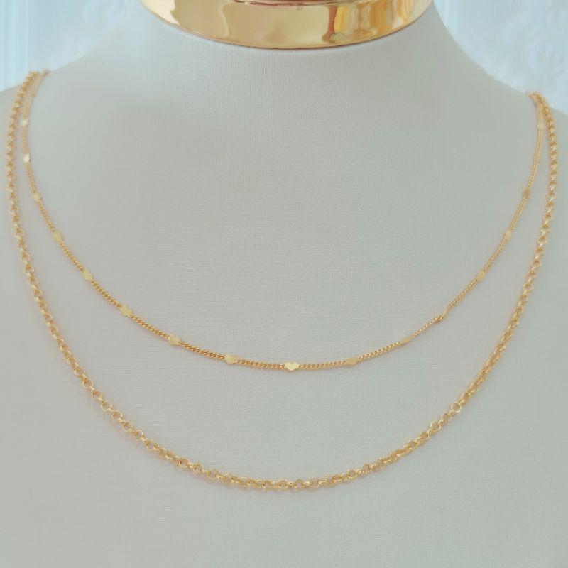 Colar Duplo - Elo Português e Veneziana com Mini Corações