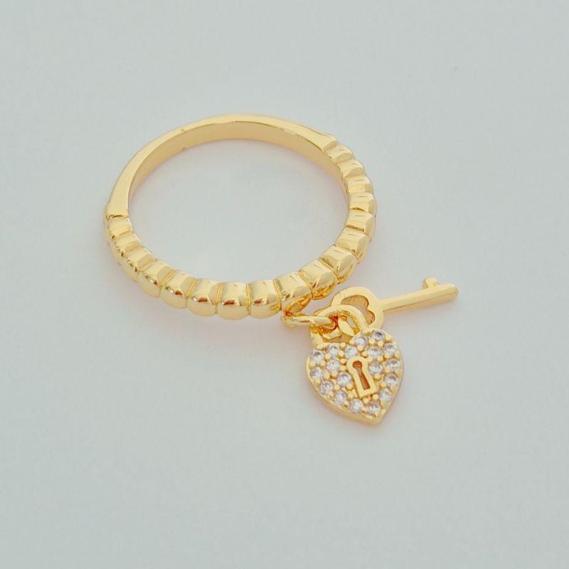 Anel Pendente Coração Cadeado e Chave