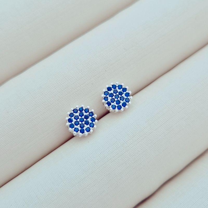 Brinco Redondo Cravejado Azul - Banho Prata