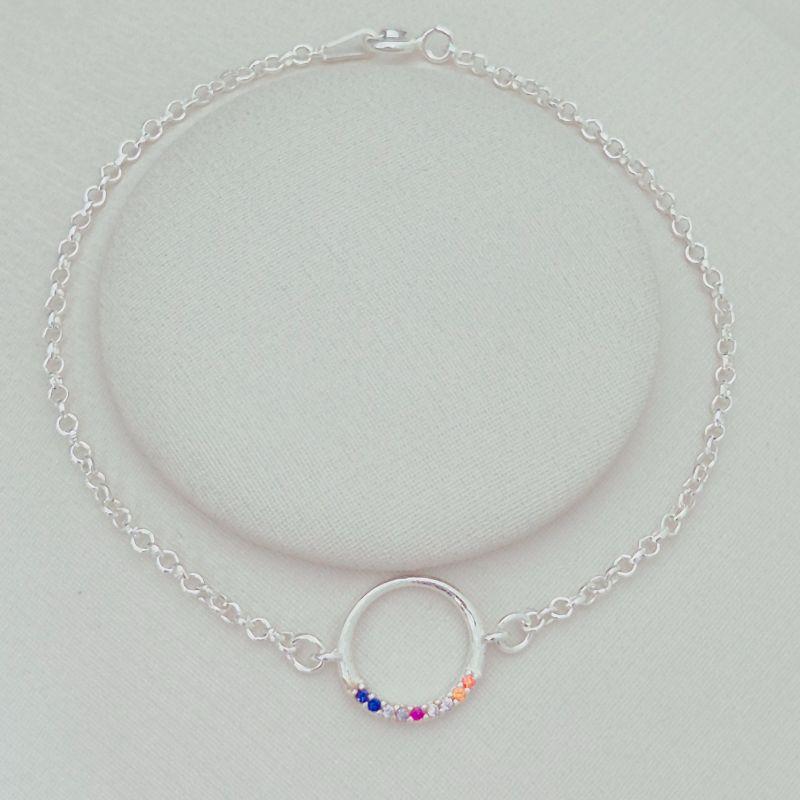 Pulseira Meio Círculo Colorido Cravejado Elo Português - Prata 925