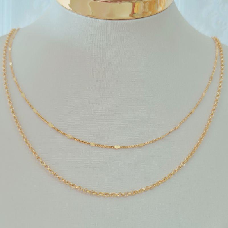 Colar Duplo - Elo Português e Veneziana com Mini Corações