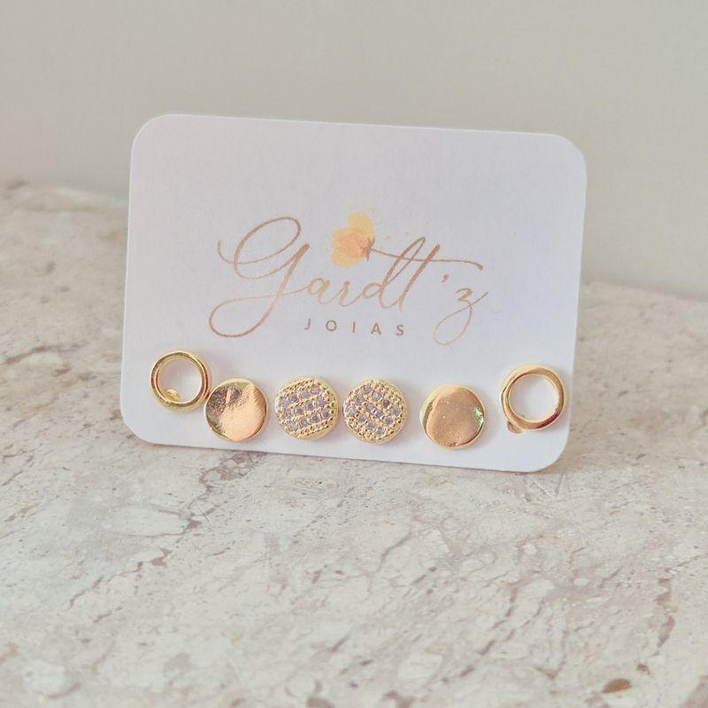 Trio Brincos Redondinhos - Cravejado, Vazado e Liso