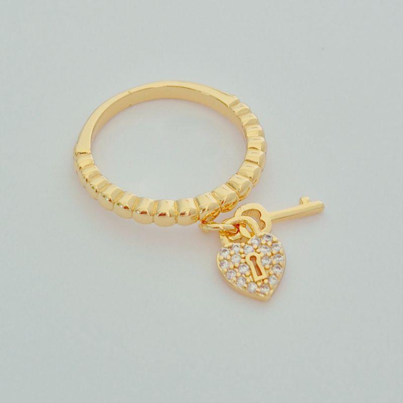 Anel Pendente Coração Cadeado e Chave