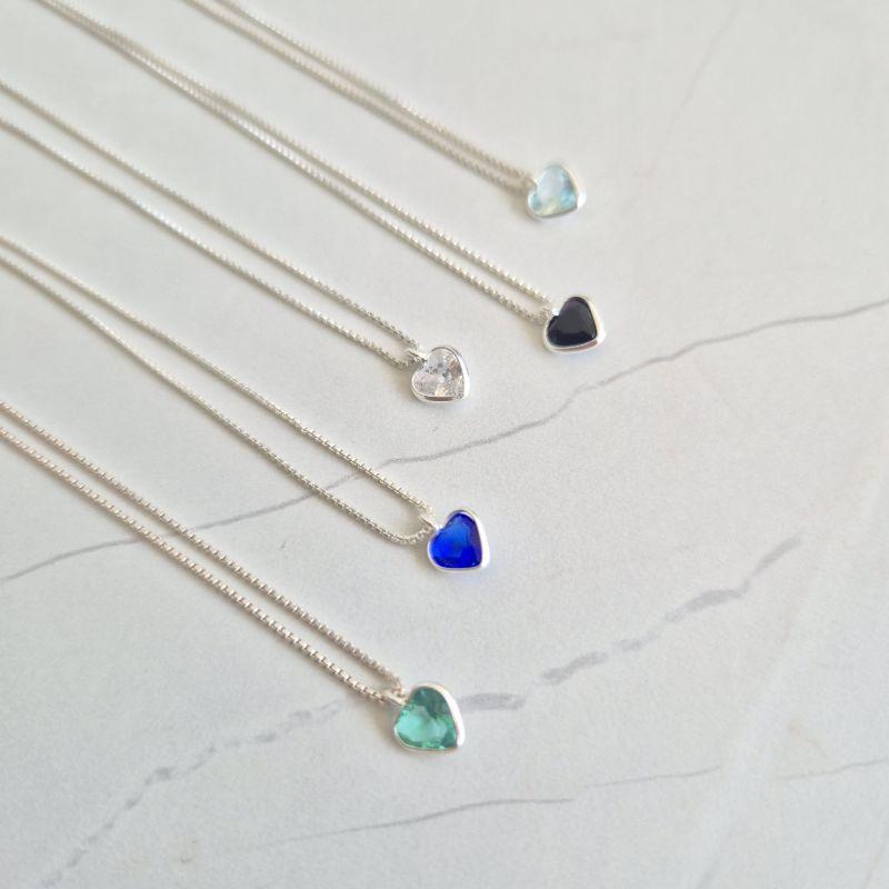 Colar (AZUL ÁGUA) Ponto de Luz Coração Azul Água - Prata 925