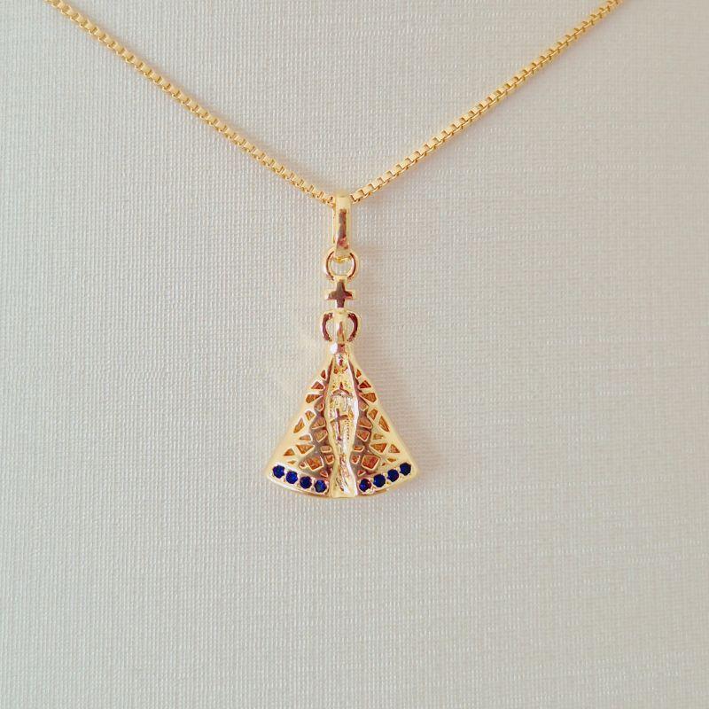 Colar Pingente Nossa Senhora Detalhe Safira