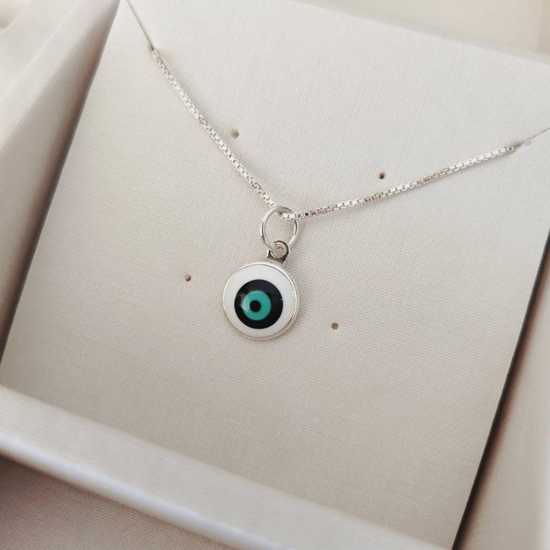 Corrente Veneziana 50cm + Pingente Olho Grego Branco Tiffany Médio