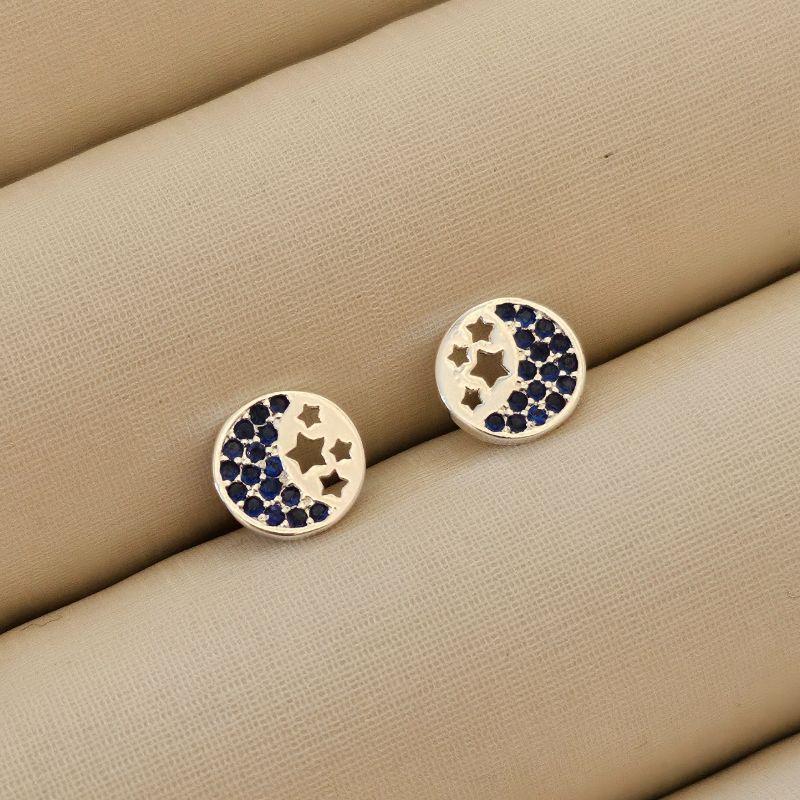 Brinco Detalhe Lua Safira e Estrelas Vazadas - Banho Prata