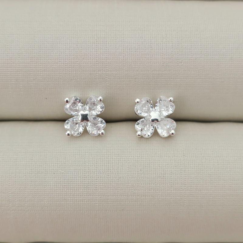 Brinco Flor 4 Pétalas Zircônia - Banho Prata